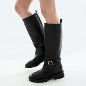 ZARA Flat Leather Knee High Boots with Buckle